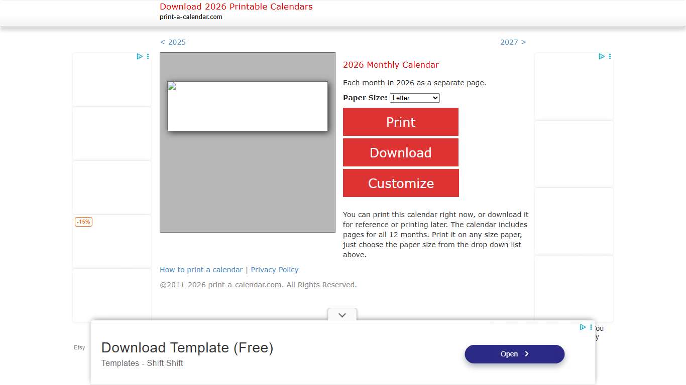 2026 Printable Monthly Calendar