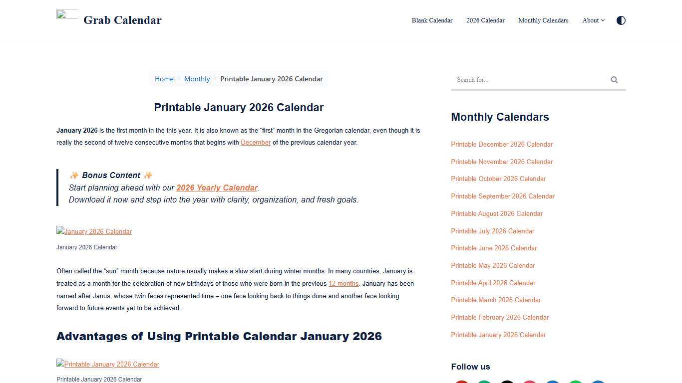 Printable January 2026 Calendar